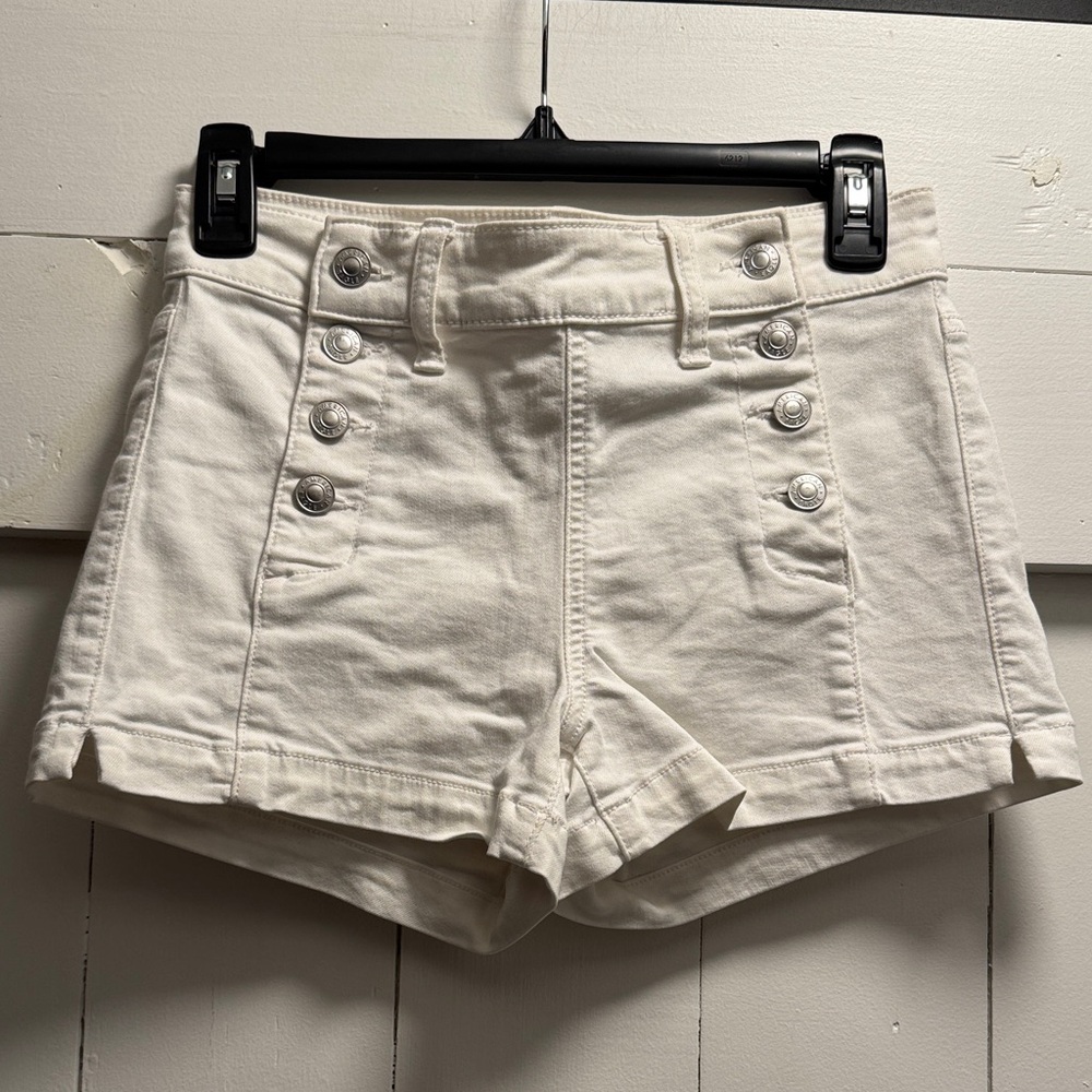 American Eagle High Rise Shortie High Waist white Denim Shorts Button Front Sz 4